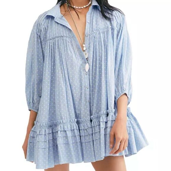 Free People Full Swing Mini Dress XS Powder Blue Pintuck Ruffle Trim Extra Small - Picture 1 of 12